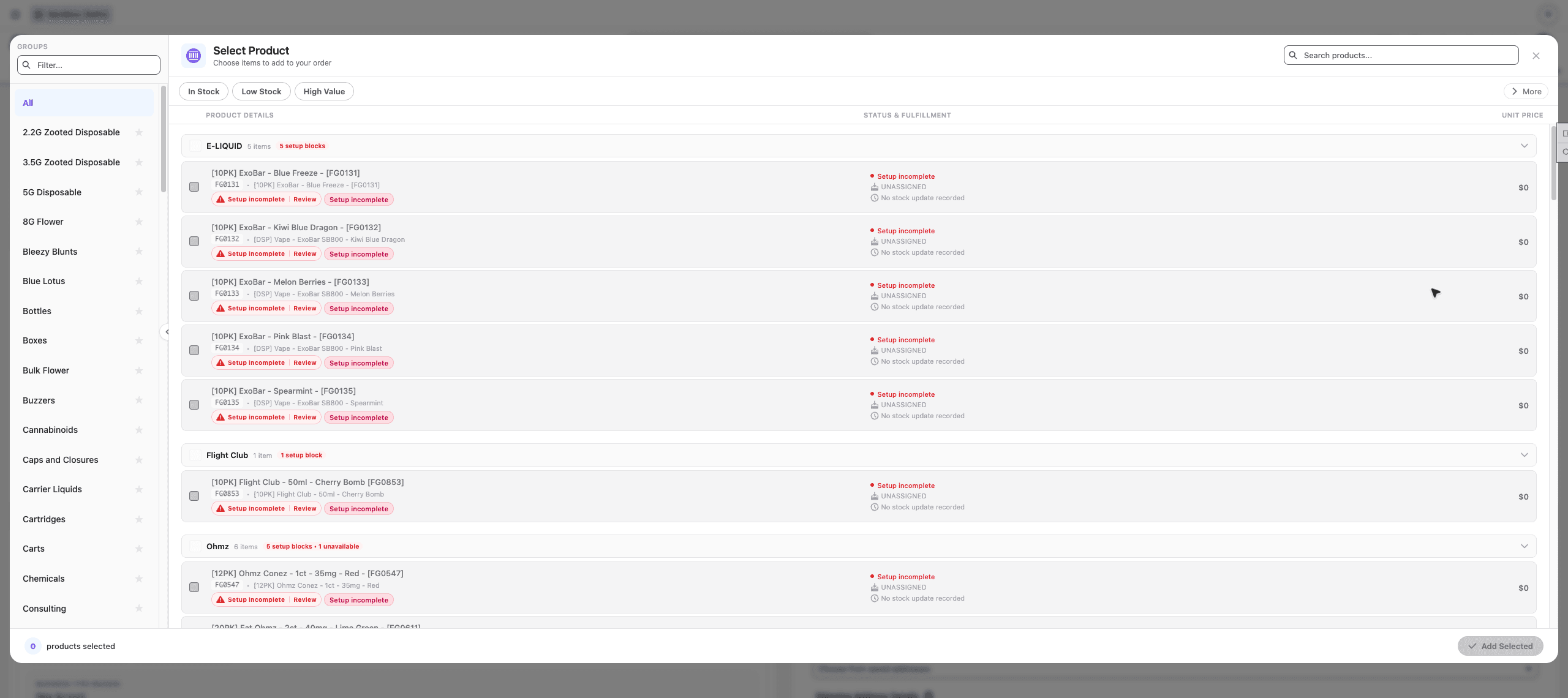 Safin dev sandbox Add Item product selector
