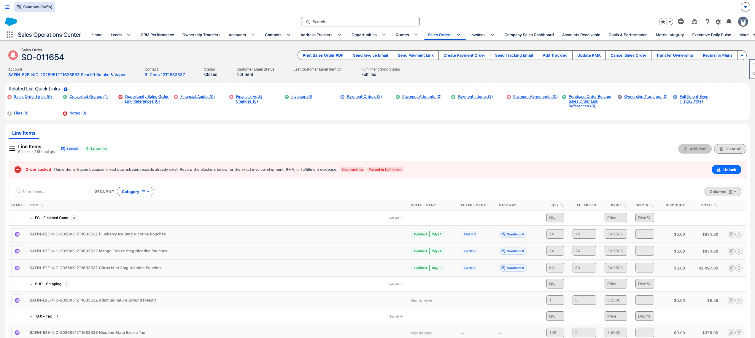 Safin dev sandbox Sales Order record with fulfillment-aware Line Items editor